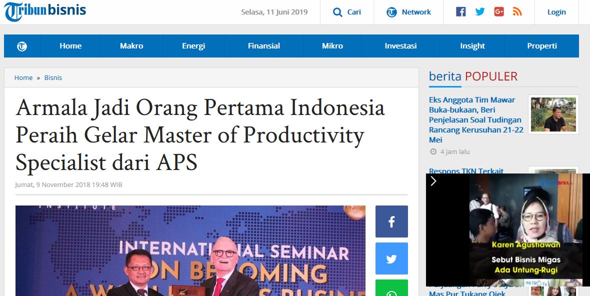 TRIBUNNEWS: Armala Jadi Orang Pertama Indonesia Peraih Gelar Master of Productivity Specialist dari APS