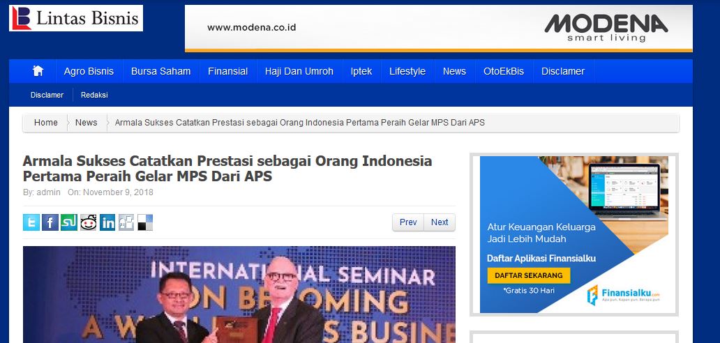 LINTASBISNIS: Armala Sukses Catatkan Prestasi sebagai Orang Indonesia Pertama Peraih Gelar MPS Dari APS